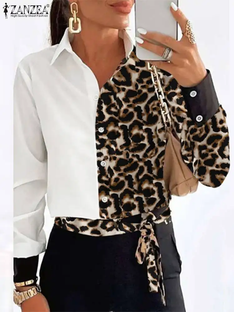 

Женская Весенняя рубашка ZANZEA с леопардовым принтом, длинным рукавом, отворотом, рабочая блузка, богемная мода, Элегантные повседневные винт...