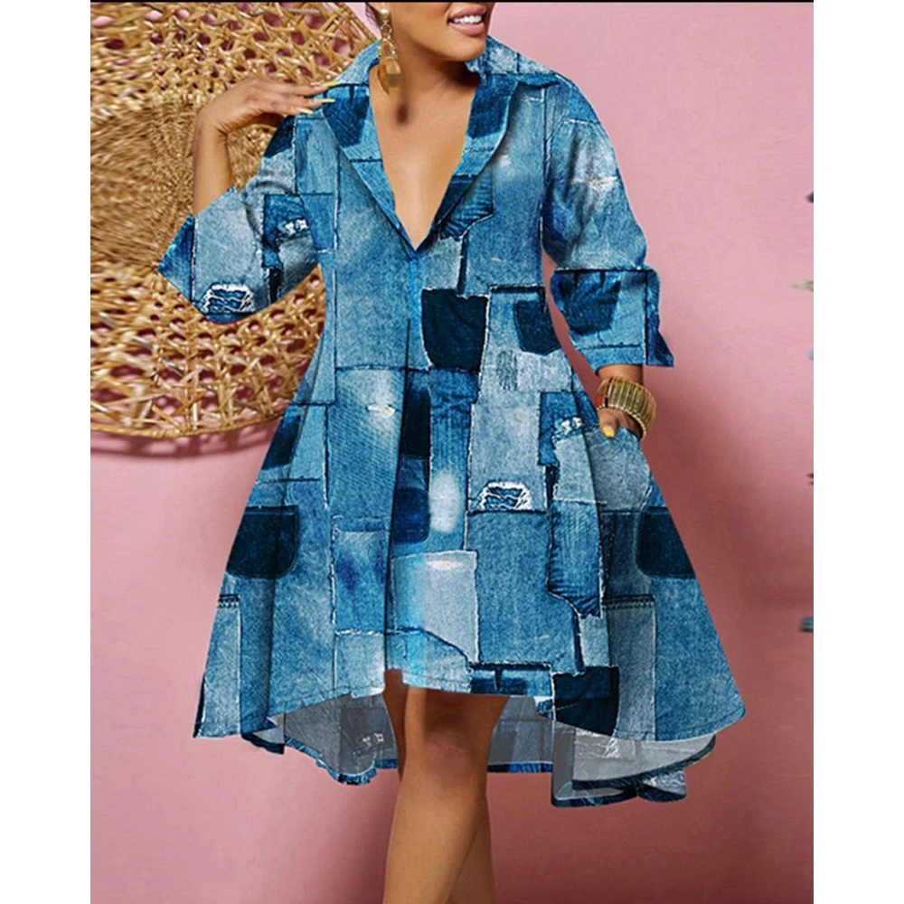 Women Denim Look Print V Neck A Line Dress Fashion Femme Long Sleeve Casual Autumn Asymetrical Midi Dress Party Clothing traf 
Women Denim Look Print V Neck A Line Dress Fashion Femme Long Sleeve Casual Autumn Asymetrical Midi Dress Party Clothing traf