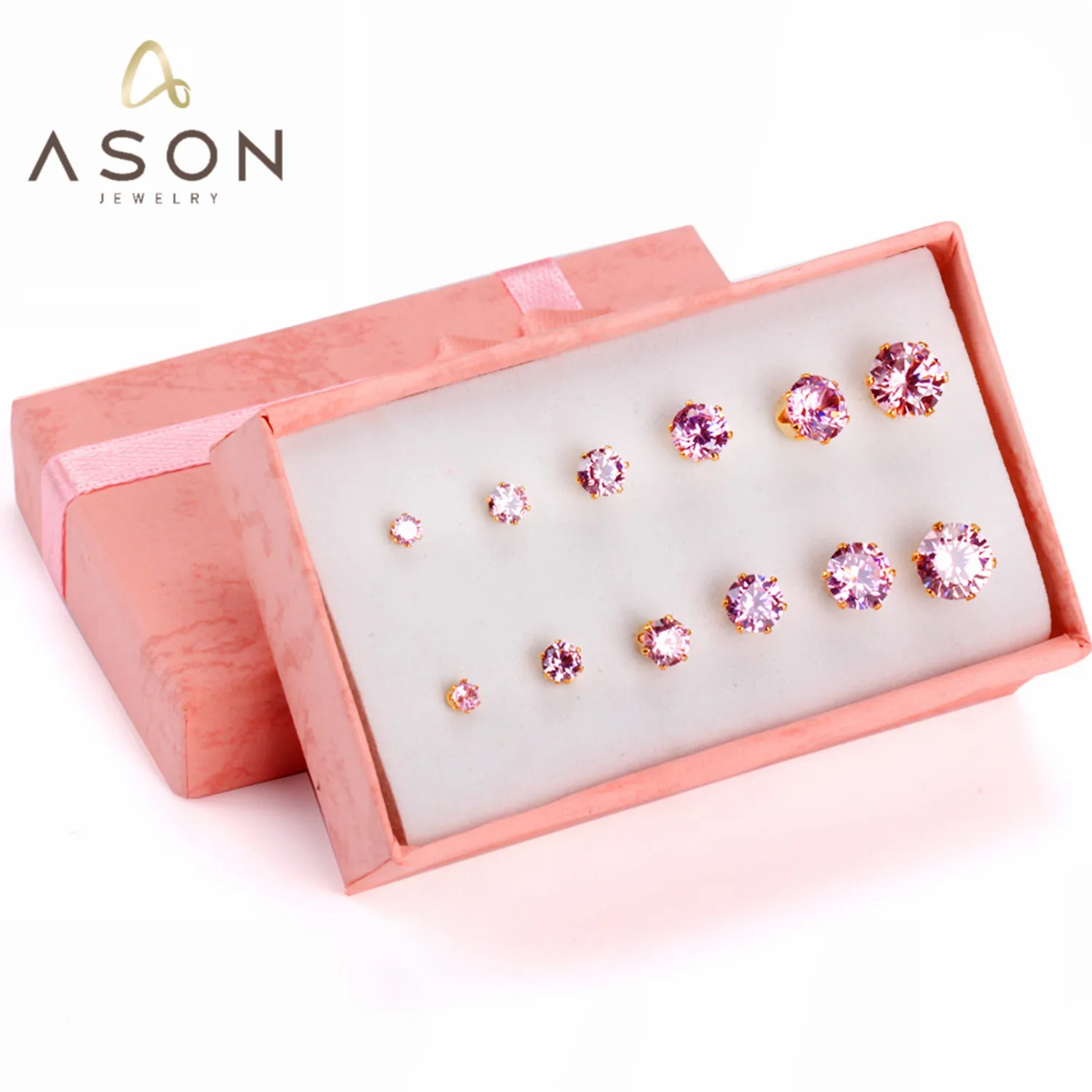 

ASONSTEEL 6pairs/Box Round Pink Cubic Zirconia Stud Earrings Sets Gold Color Surgical Stainless Steel For Women Fashion Jewelry