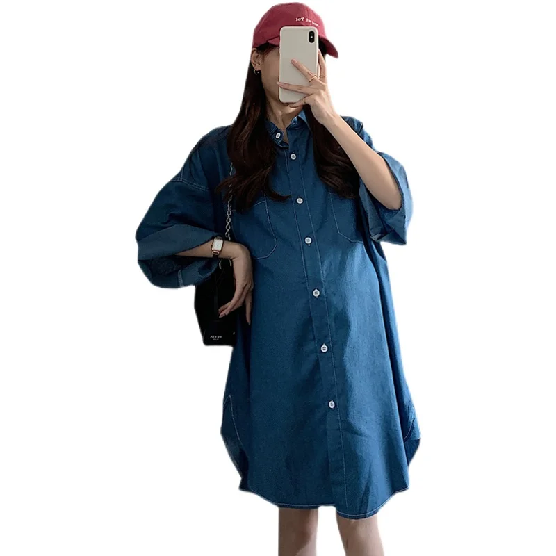 

2022 весеннее свободное джинсовое платье для беременных женщин с коротким рукавом и отложным воротником синяя хлопковая одежда для беременных однобортное Ковбойское платье