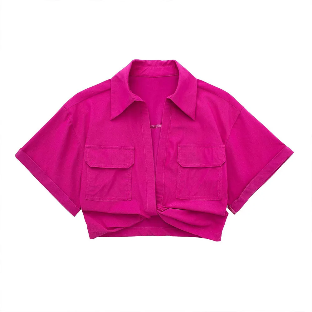 

Женские укороченные рубашки из смесовой эластичной льна, винтажная блузка с отложным воротником и короткими рукавами, карманами с клапаном...