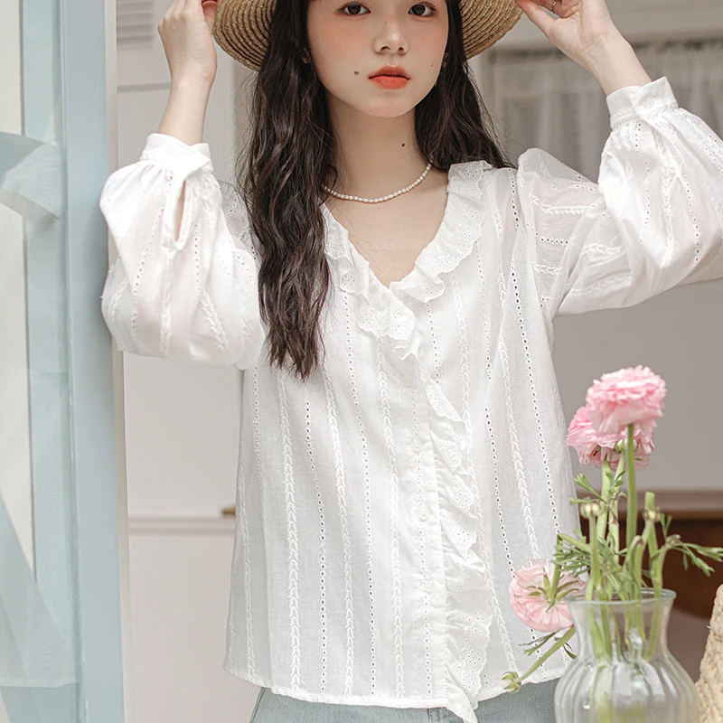 Spring Women Long Sleeved V-neck French Lantern Sleeve Solid Color Ruffle Versatile Shirt Camisas Women Blouse Womens Tops A10 
Spring Women Long Sleeved V-neck French Lantern Sleeve Solid Color Ruffle Versatile Shirt Camisas Women Blouse Womens Tops A10