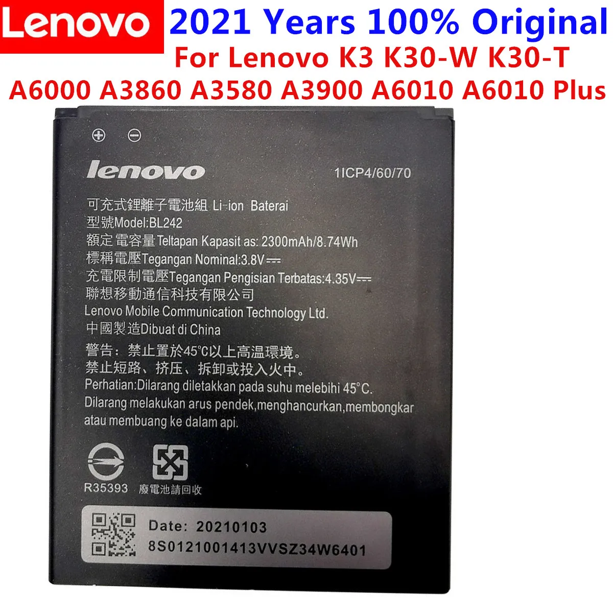 Оригинальный аккумулятор Lenovo A6010 высокого качества 2300 мАч BL242 запасная батарея