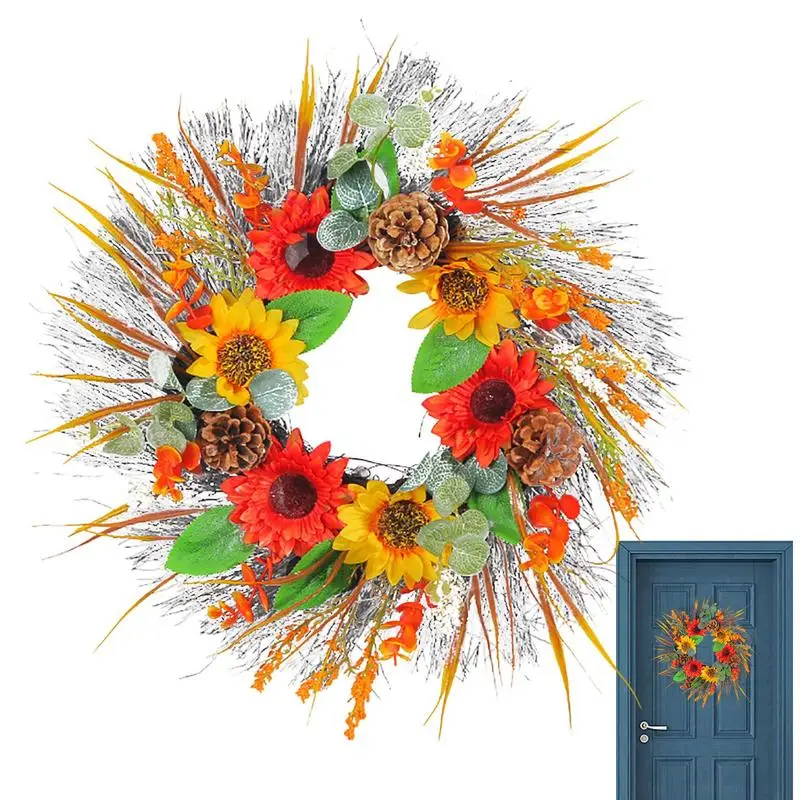 

Sunflower Door Wreath Artificial Sunflower Wreaths With Pine Cones Wheat Ears 16 Inch Autumn Front Door Wreath For Farmhouse