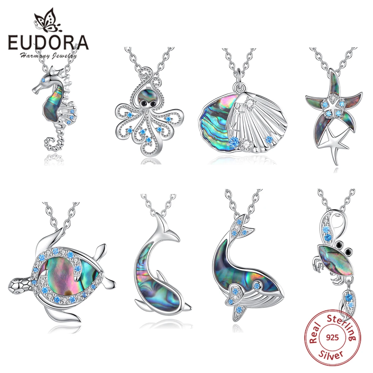 

Eudora 925 Sterling Silver Sea Turtle Necklace for Women Abalone Shell Seahorse Octopus Whale Pendant Ocean Jewelry Party Gift