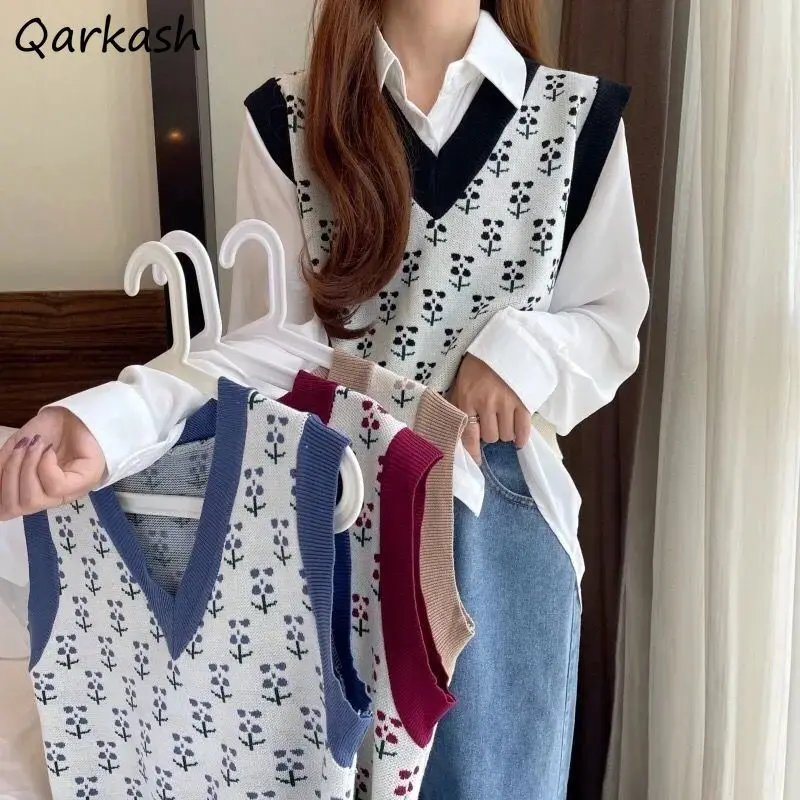 

Sweater Vests Women Loose V-neck Autumn Korean Preppy Style Simple Flower Girlish All-match Casual Vintage Fashion Young Женские