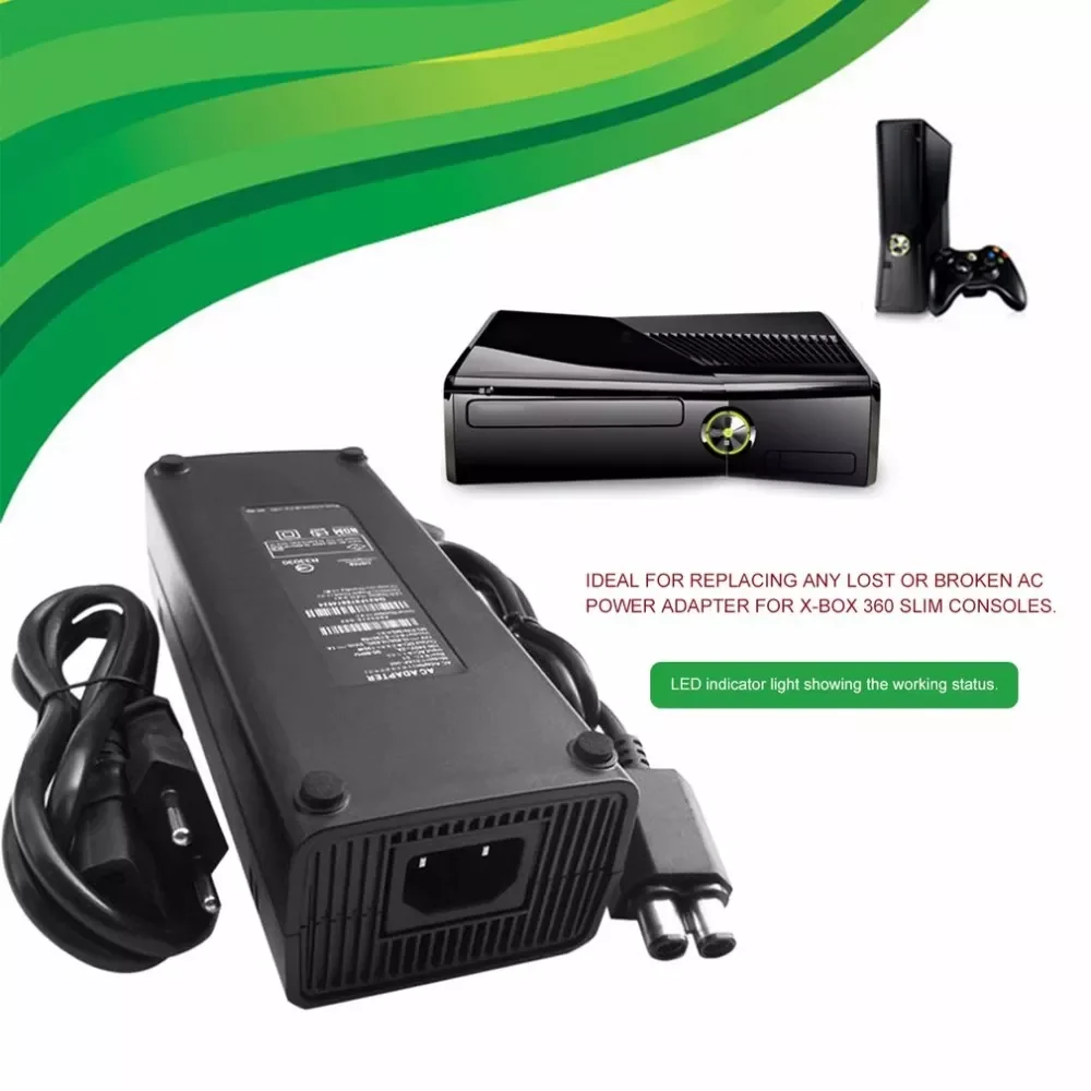EU AC 100-240V Adapter Power Supply Charger EU Plug Cable for XBOX 360 Slim Ideal Replacement Charger With LED Indicator Light
EU AC 100-240V Adapter Power Supply Charger EU Plug Cable for XBOX 360 Slim Ideal Replacement Charger With LED Indicator Light