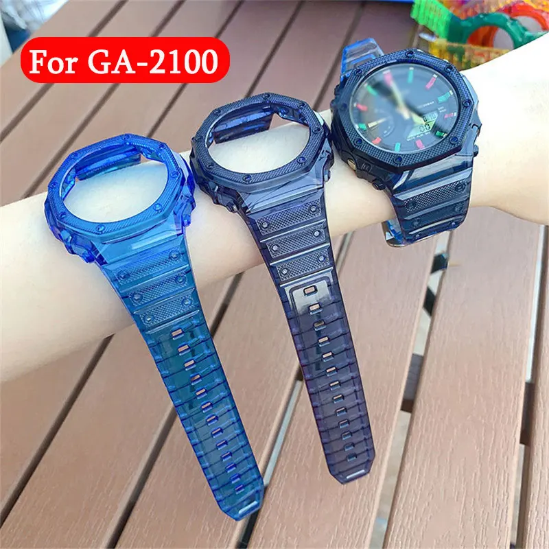 

Transparent Resin Case+ Strap For Casio G-SHOCK GA-2100 Bracelet Band Rainbow Bezel/Case Belt 19 Colors Watchband Accessories