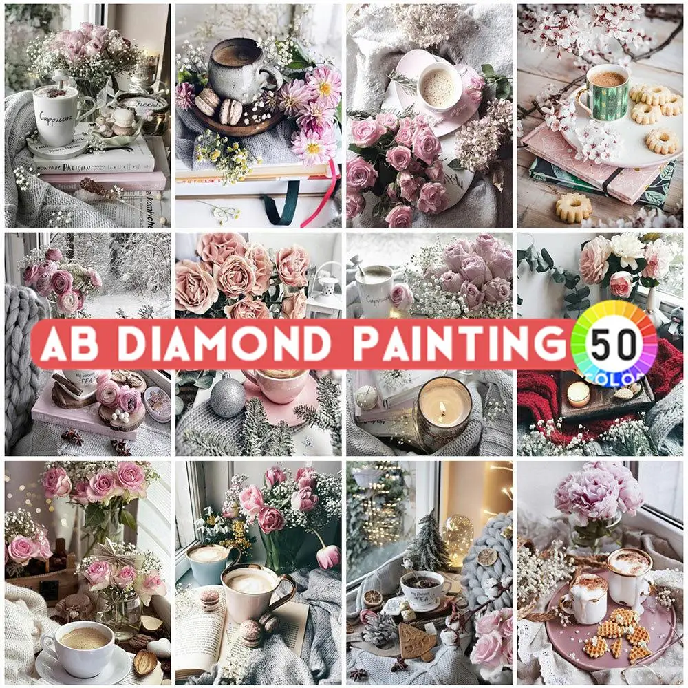 

AB Drills Diamond Painting Flower Pink Square Round Diamond Embroidery Coffee Cup Cross Stitch Mosaic Sale DIY Wall Decor Mural