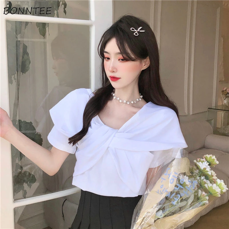 

Asymmetric T-shirts Women Summer Fashion French Style Slim Tender Solid All-match Young Retro Office Sweet Ladies Chic Preppy