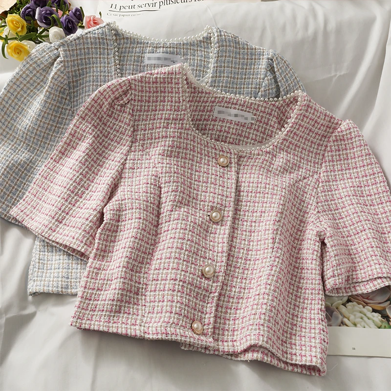 Summer Blouse Women Plaid Woolen Blouse Korea Style Pearl Patchwork Slim Shirt Female poleras mujer oberteile damen
Summer Blouse Women Plaid Woolen Blouse Korea Style Pearl Patchwork Slim Shirt Female poleras mujer oberteile damen