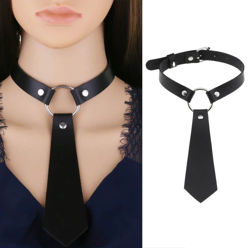 

Women Dark Gothic Imitation Leather Black Neck Tie Punk O-Ring Studded Choker Necklace Vintage Personality Cosplay Adjustable
