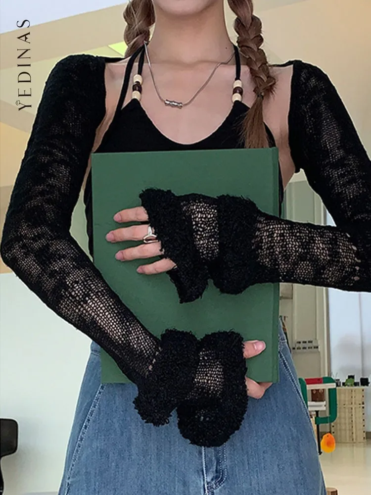 Yedinas Blackless Cropped Lace Smock Long Sleeve T Shirt Women Cardigan Black Slim Skinny Crop Top Knitted Tee Shirt Femme Y2k 
Yedinas Blackless Cropped Lace Smock Long Sleeve T Shirt Women Cardigan Black Slim Skinny Crop Top Knitted Tee Shirt Femme Y2k