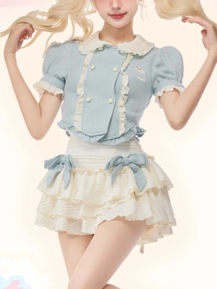Japanese Lolita Kawaii Two Piece Set Women Korean Sweet Cake Skirt Suit Female Cute Puff Sleeve Blouses + Blue Mini Skirt Summer
Japanese Lolita Kawaii Two Piece Set Women Korean Sweet Cake Skirt Suit Female Cute Puff Sleeve Blouses + Blue Mini Skirt Summer