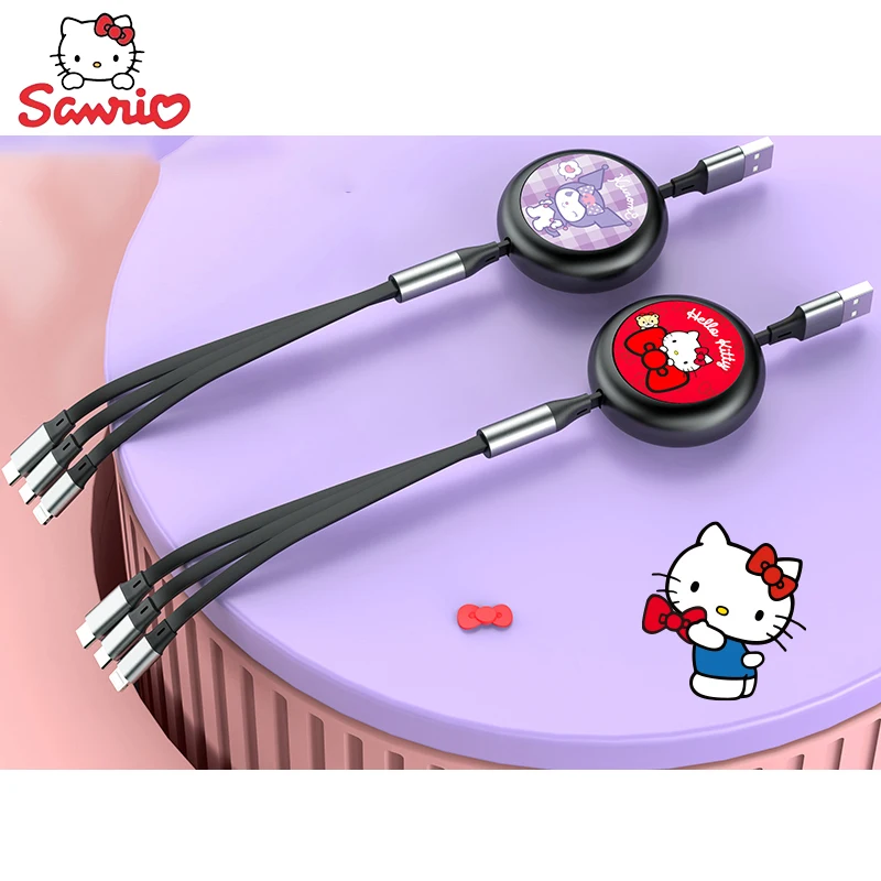 

Оригинальный кабель для передачи данных Sanrio серии Kuromi Hello Kitty масштабируемый зарядный кабель три в одном удобный мультяшный Милый Apple Android
