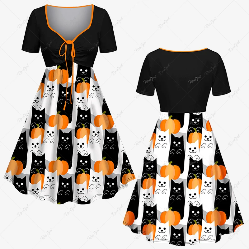 

Autumn 2023 New Plus Size Women's Pumpkin Cat Printed Cinched Halloween Daily Casual Sweetheart Neck High Stretch Regular Dress