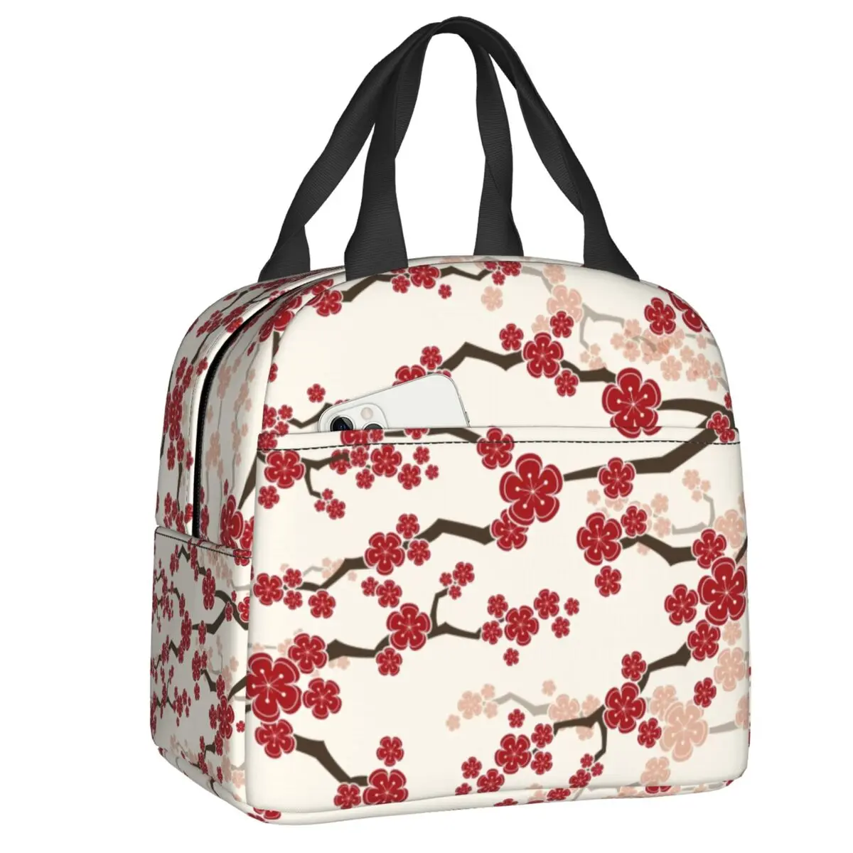 

Red Oriental Cherry Blossoms Insulated Lunch Bags Women Zen Sakura Flowers Lunch Container for School Office Outdoor Food Box