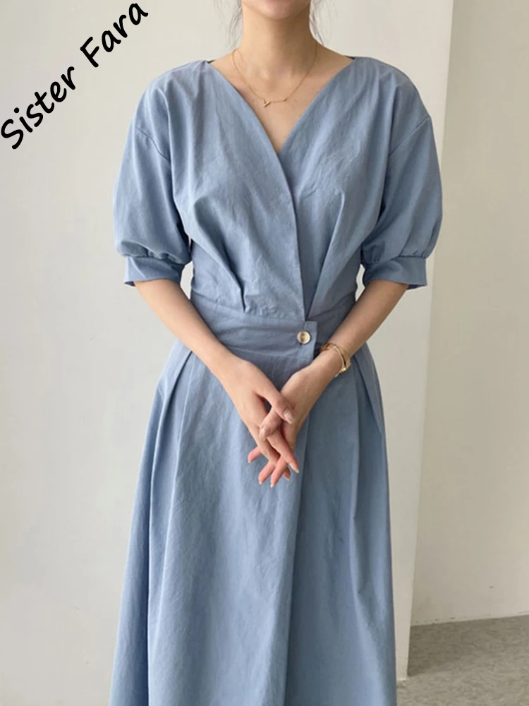 

Sister Fara New V-Neck Single Button Elegant Dresses for Women's Summer Puff Sleeves Loose Dress Female High Waist Solid Dresses