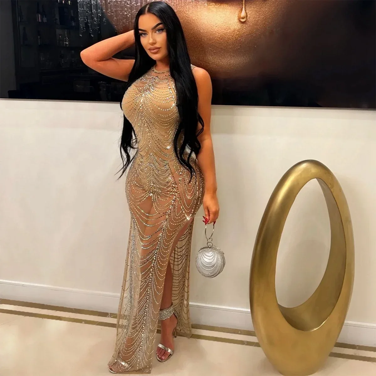 Wishyear Women Luxury Club Party Sparkly Side High Slit Sexy See Through Rhinestone Mesh Evening Birthday Bodycon Maxi Dresses 
Wishyear Women Luxury Club Party Sparkly Side High Slit Sexy See Through Rhinestone Mesh Evening Birthday Bodycon Maxi Dresses