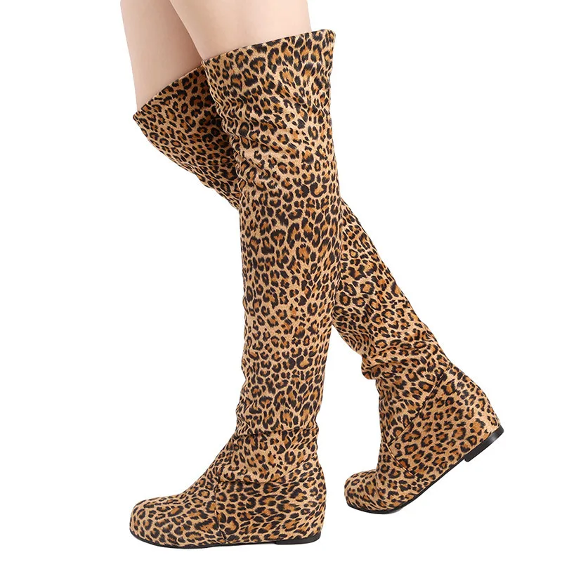 

Женские сапоги выше колена, женские эластичные сапоги из флока с леопардовым принтом, женская обувь с круглым носком, лаконичная обувь на плоской подошве, Осень-зима 2022, приблизительно 43