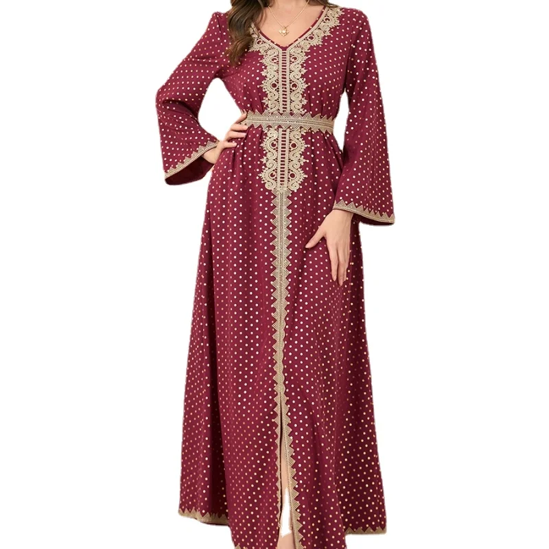Turkey Dresses For Women Polka Dot Lace Embroidery V-Neck Long Sleeve Elegant A-Line Dress Belted Kaftan Muslim Women Clothing
Turkey Dresses For Women Polka Dot Lace Embroidery V-Neck Long Sleeve Elegant A-Line Dress Belted Kaftan Muslim Women Clothing