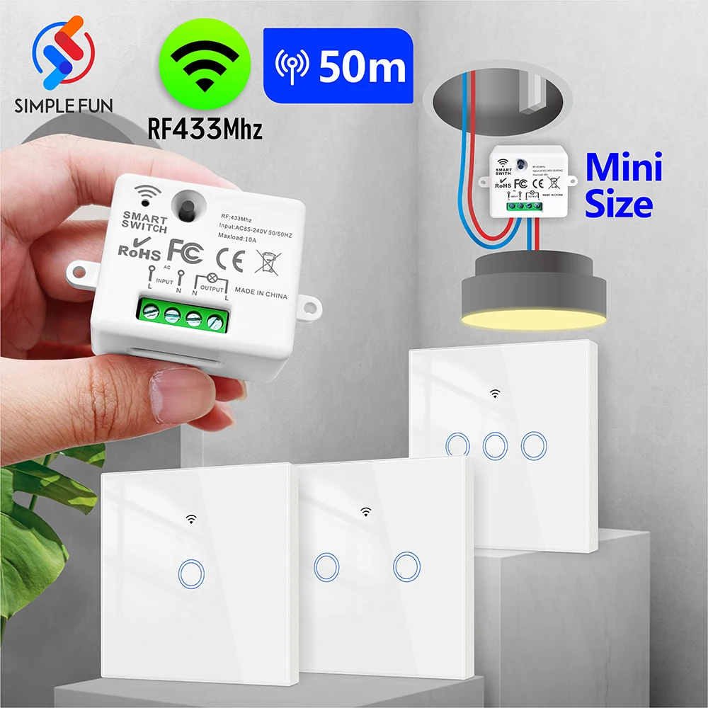 RF 433MHz Wireless Smart Light Switch 110V 220V 10A Touch-type Wall Panel Remote Control Mini Relay Receiver for Light Lamp LED
RF 433MHz Wireless Smart Light Switch 110V 220V 10A Touch-type Wall Panel Remote Control Mini Relay Receiver for Light Lamp LED