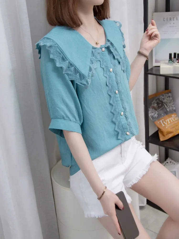 Oversize Chiffon Sweet Shirts Women Summer Fashion Short Sleeve Large Women Blouse Lace Trim Peter Pan Collar Blue Tops L-4XL
Oversize Chiffon Sweet Shirts Women Summer Fashion Short Sleeve Large Women Blouse Lace Trim Peter Pan Collar Blue Tops L-4XL