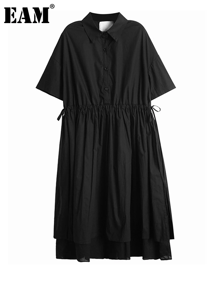 

[EAM] женское черное клетчатое платье-рубашка большого размера с завязками, новинка, с отворотом, с рукавом до локтя, свободное, модное, весна-лето 2023, 1DE1874
