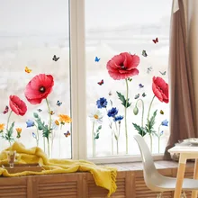 New Classic Red Flower Plant Butterfly Wall Stickers Electrostatic Sticker Window Glass Double-sided Visual Decorative Stickers