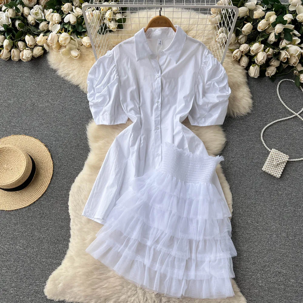 French Sweet White Suit Women's New Fashion Summer Short Sleeve Shirt Tops + High Waist Mesh Cake Skirt Two Piece Sets F228
French Sweet White Suit Women's New Fashion Summer Short Sleeve Shirt Tops + High Waist Mesh Cake Skirt Two Piece Sets F228