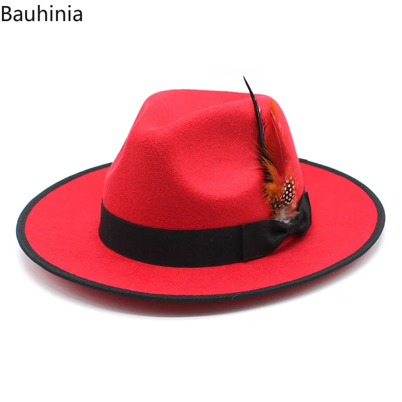 

Bauhinia New Women Men Felt Fedora Hat With Feather Ribbon Gentleman Elegant Lady Wide Brim Church Jazz Cap Chapeau Femme