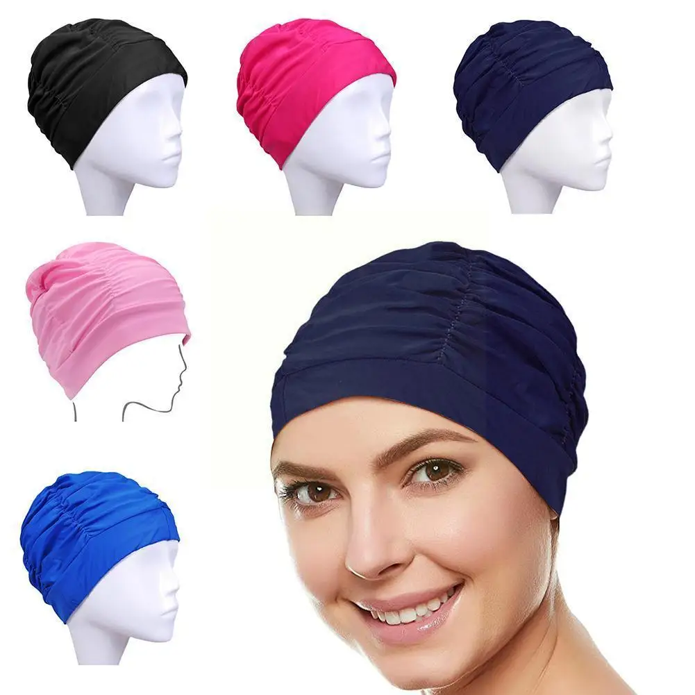 

Women Pleated Fabric Swimming Cap Soft Drape Elastic Swimming Cap Hat Protect Long Hair Ears Bathing Caps Hats For Girls Wo H7b7