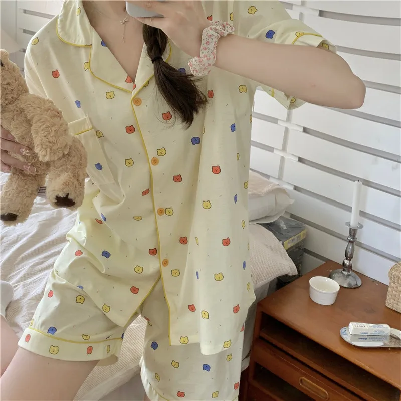 Cartoon Print Summer Pajamas Set Women Korean Single Breasted Shirts + Shorts Suit Cotton Casual Two Piece Home Suit Kawaii
Cartoon Print Summer Pajamas Set Women Korean Single Breasted Shirts + Shorts Suit Cotton Casual Two Piece Home Suit Kawaii