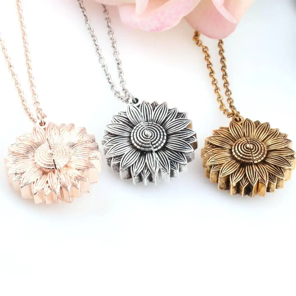 

Vintage Sunflower Locket Pendant Necklace Bohemia female Gold Open Engrave letter Necklaces Lover Gift Dropshipping