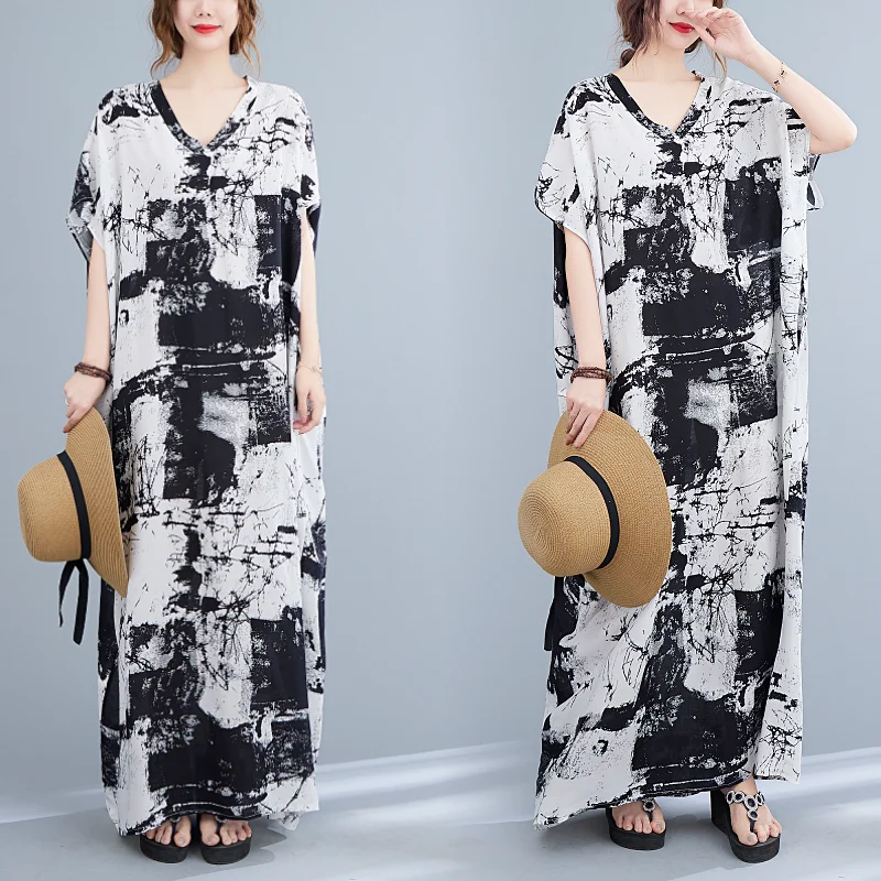 2022 Plus Size Beach Maxi Dress Summer Women's Short Sleeve Sundress Simple and Loose V-neck Cotton Decor Tie Dye Boho Dress 
2022 Plus Size Beach Maxi Dress Summer Women's Short Sleeve Sundress Simple and Loose V-neck Cotton Decor Tie Dye Boho Dress