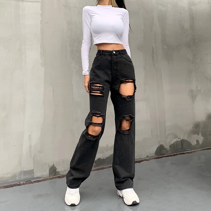

Street Hip Hop Holes Beggar Jeans Women Wild Sexy Exaggerated Straight Trousers Female High Waist Spring and Summer Denim Pants
