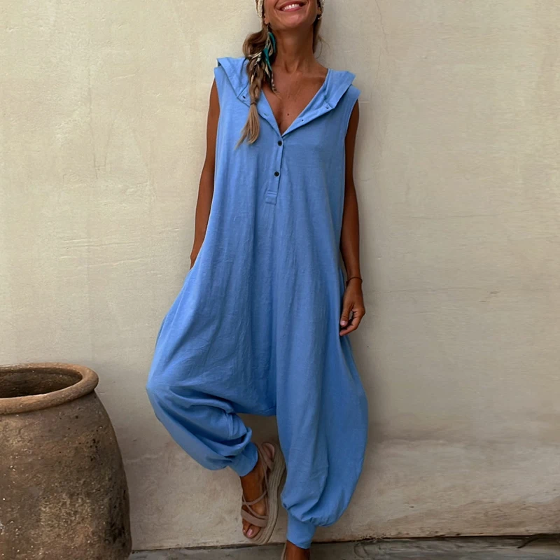 Vintage Hooded V-neck Cross-pants Beach Solid Women Sleeveless Loose Long Jumpsuits Summer 2023 Streetwear Pockets One Piece 
Vintage Hooded V-neck Cross-pants Beach Solid Women Sleeveless Loose Long Jumpsuits Summer 2023 Streetwear Pockets One Piece