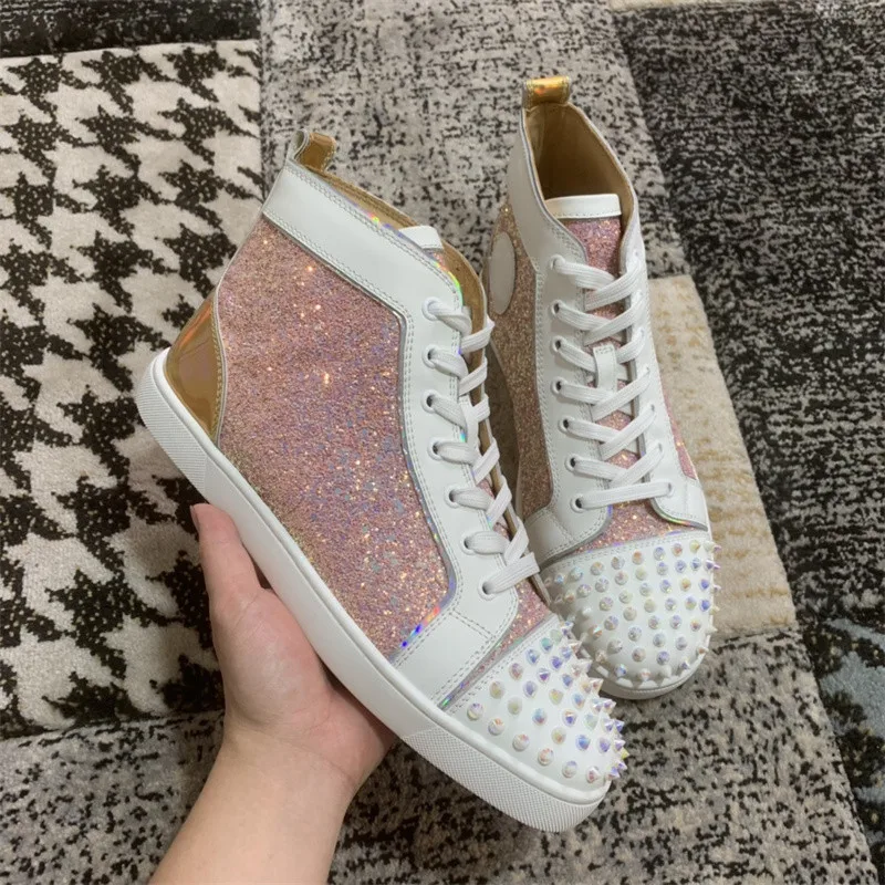 Luxury Designer High Top Red Bottoms Pink Rhinestone Leather Shoes For Men's Casual Flats Loafers Women's Tennis Spiked Sneakers
Luxury Designer High Top Red Bottoms Pink Rhinestone Leather Shoes For Men's Casual Flats Loafers Women's Tennis Spiked Sneakers