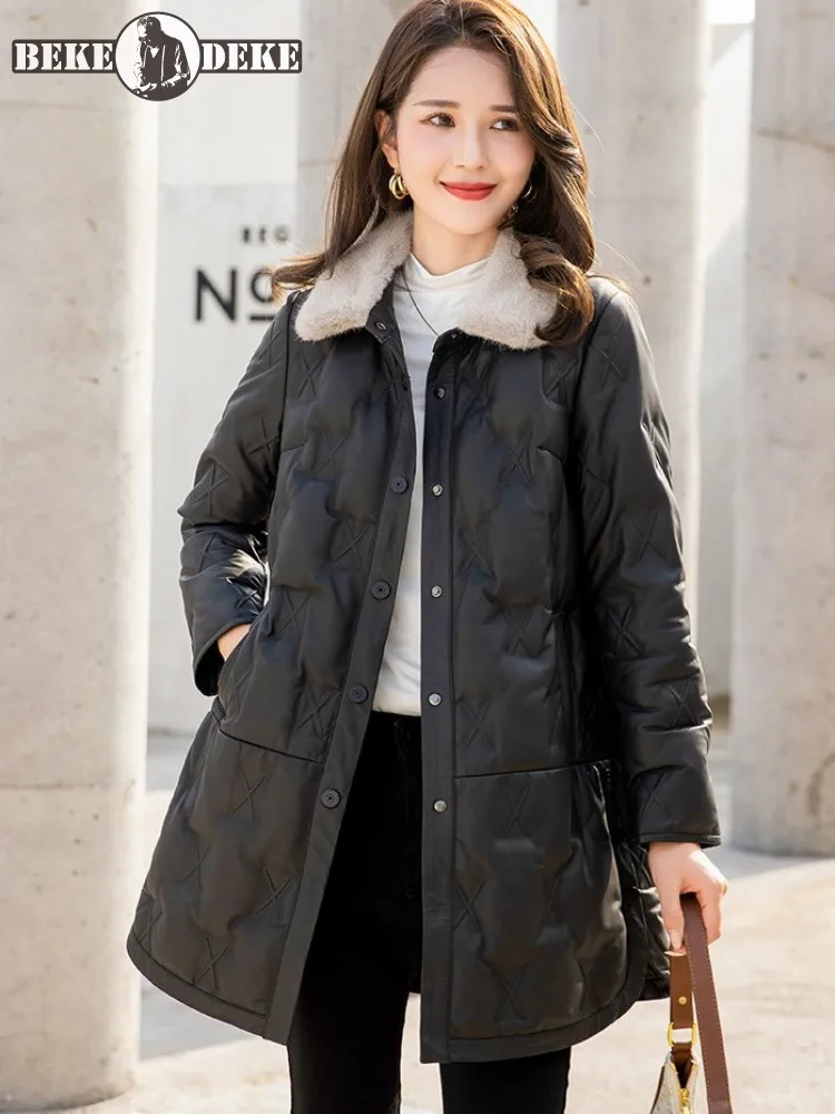 Office Ladies Winter Genuine Leather Down Coat Fashion Real Fur Collar High Street Single Breasted Casual Warm Sheepskin Jacket 
Office Ladies Winter Genuine Leather Down Coat Fashion Real Fur Collar High Street Single Breasted Casual Warm Sheepskin Jacket