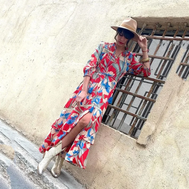 Women's Dress Summer Fashion Loose Lace-up Print Dress Bohemian Dress Women's Casual Half Puff Sleeve V-neck Pleated Slit Dress
Women's Dress Summer Fashion Loose Lace-up Print Dress Bohemian Dress Women's Casual Half Puff Sleeve V-neck Pleated Slit Dress