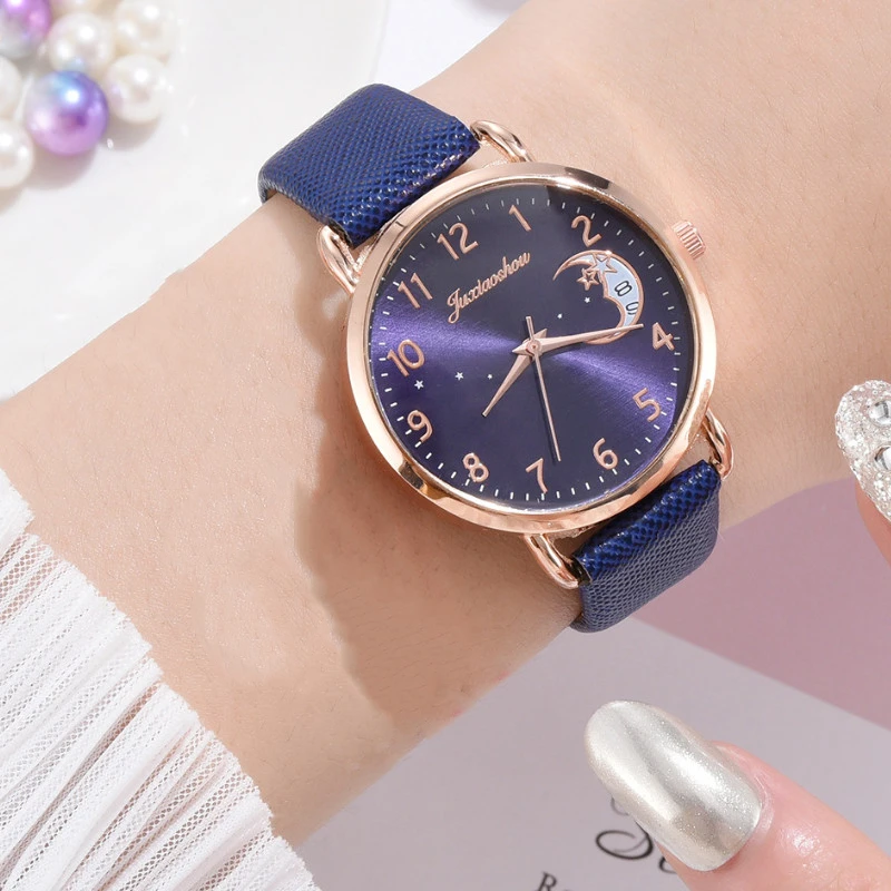 Простые повседневные женские модные кварцевые часы со звездами и Луной и кожаным ремешком 
Простые повседневные женские модные кварцевые часы со звездами и Луной и кожаным ремешком