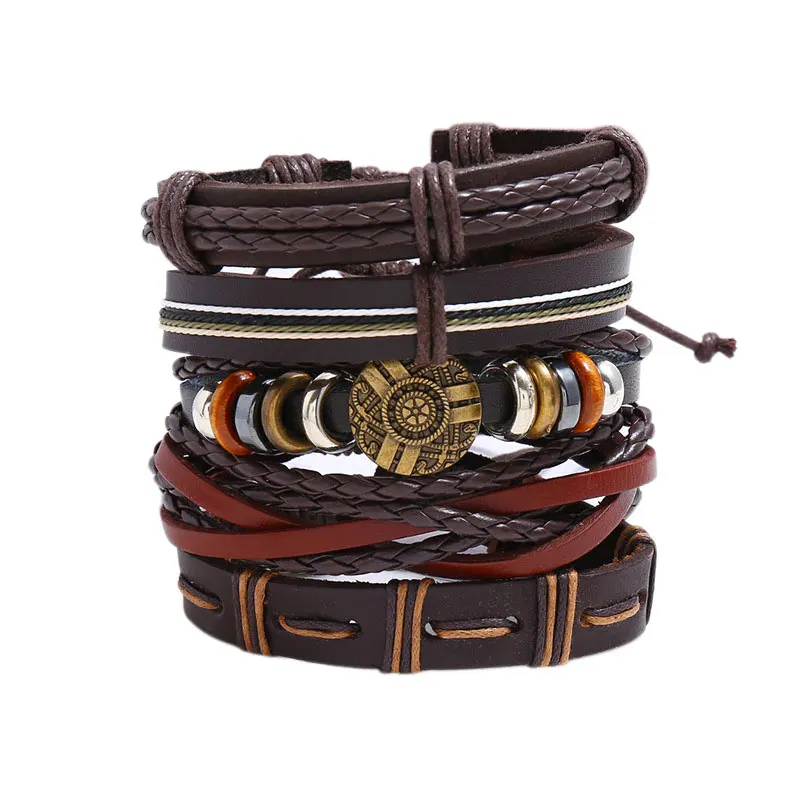 

5 pic/set Vintage Multilayer Genuine Leather Bracelet Unisex Braided Handmade Hemp Rope Wrap Bracelets Bangles Men Jewelry Gift