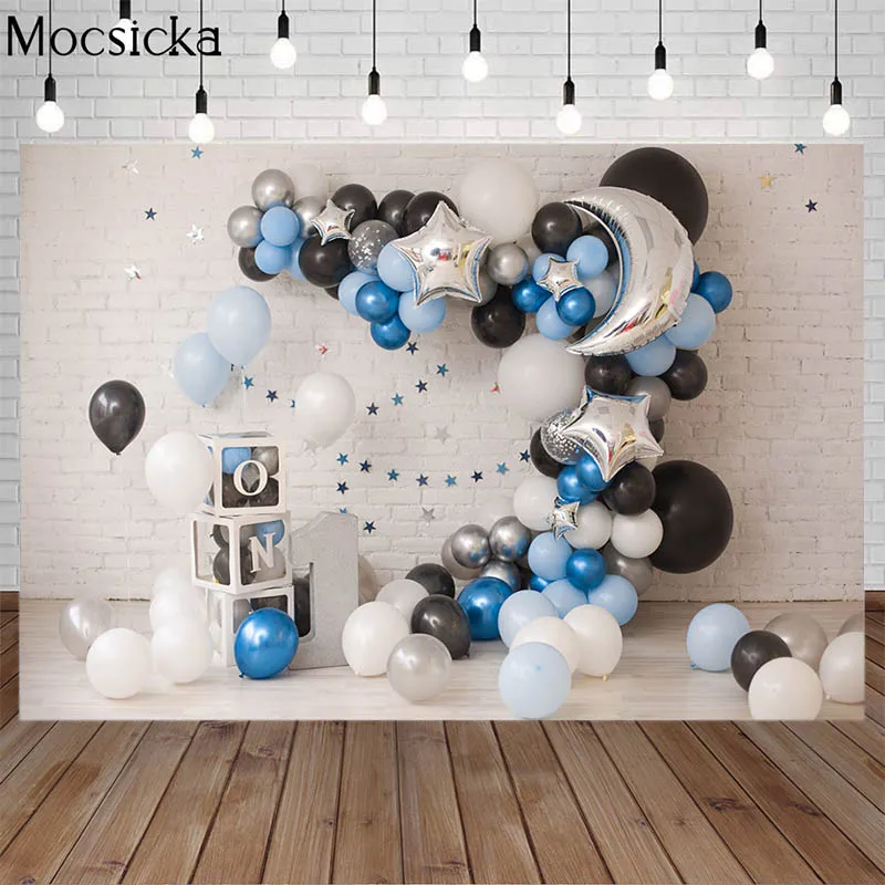 

Фон для фотосъемки с красочными воздушными шарами, детский фон для 1-го дня рождения с изображением торта, белая кирпичная стена, декоративн...