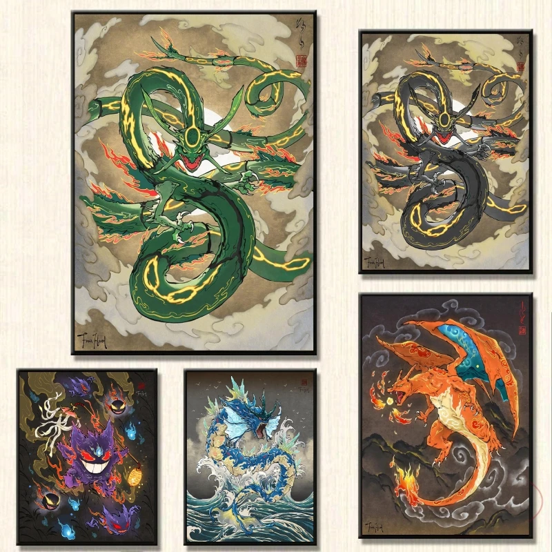 Картина на холсте Pokemon Rayquaza Charizard Gengar Gyarados современный постер для гостиной