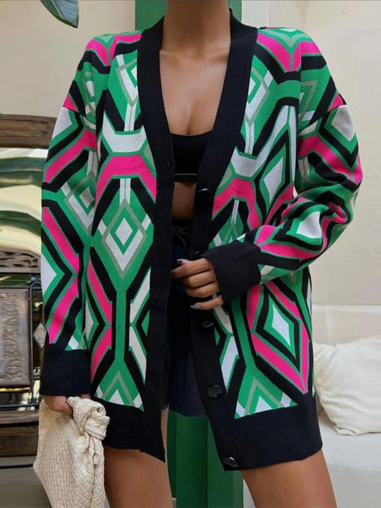 Geometric V-neck Women's Sweater Cardigan Casual Loose Long Sleeve Ladies Knit Cardigans 2022 Autumn Winter New Mid length Coats
Geometric V-neck Women's Sweater Cardigan Casual Loose Long Sleeve Ladies Knit Cardigans 2022 Autumn Winter New Mid length Coats