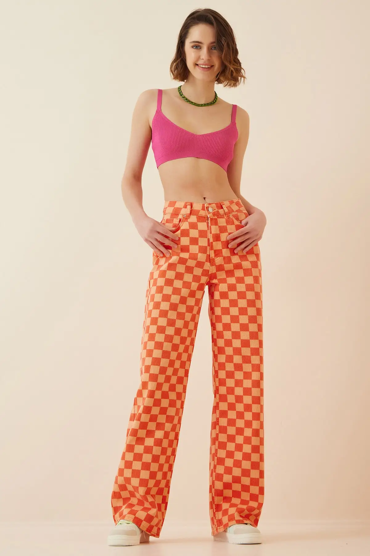Women's Jean Orange Check High Waist Wide Leg Full Length Straight Pant Streetwear Female Buttons Zipper Ladies
Women's Jean Orange Check High Waist Wide Leg Full Length Straight Pant Streetwear Female Buttons Zipper Ladies