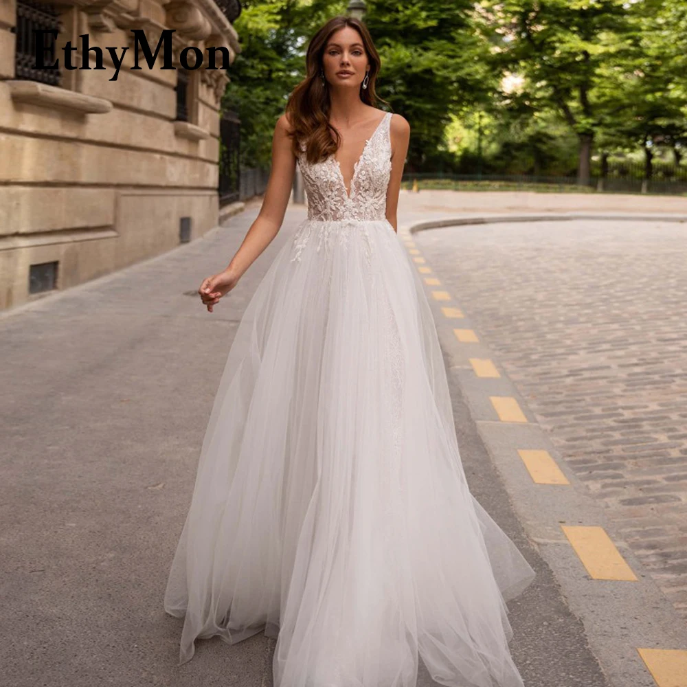 

Ethymon Trendy Sleeveless Brides Wedding Dresses Lace Appliques V-neck Backless A-line Court Train Abito Da Sposa Customized