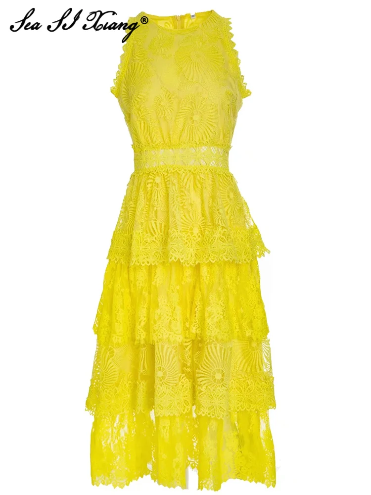 Seasixiang Fashion Designer Summer Tank Dress Women O-Neck Sleeveless Hollow Out Embroidery Ruffles High Waist Party Midi Dress
Seasixiang Fashion Designer Summer Tank Dress Women O-Neck Sleeveless Hollow Out Embroidery Ruffles High Waist Party Midi Dress