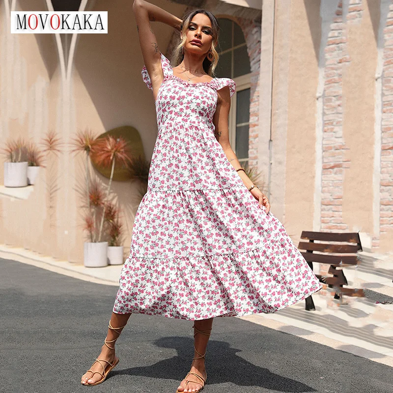 

MOVOKAKA Summer Woman Vintage Folds Long Dress Elegant Party Casual Holiday Beach Flounced Edge Vestidos Print Backless Dresses