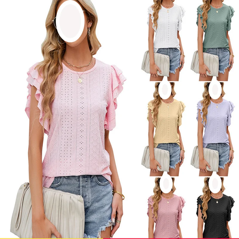 Summer Women's Clothing T-Shirts New Round Neck Double-layer Ruffle Sleeve Hollow Short Sleeve
Summer Women's Clothing T-Shirts New Round Neck Double-layer Ruffle Sleeve Hollow Short Sleeve